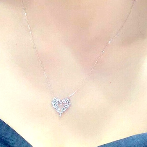 New 925 Silver Diamond Heart Lace Necklace - Picture 2 of 4